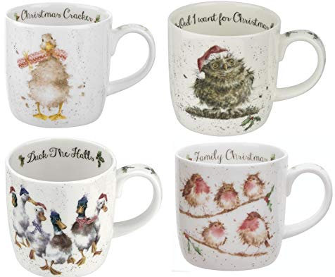 Wrendale Designs Portmeirion Christmas Mug Collection 0.3L Robins, Owls and Ducks Set of 4