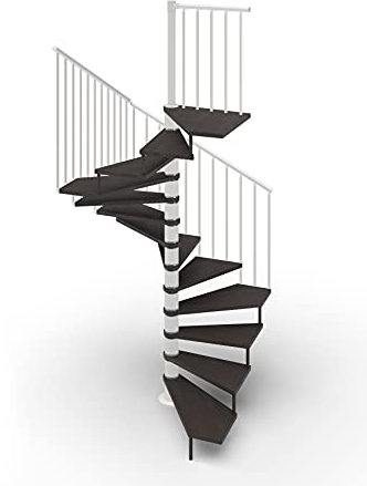 Escalera de caracol de planta cuadrada 105 x 105 cm. Tekla 13 peldaños – Altura entre los pisos 267-312 cm. (Wengué, acero blanco)