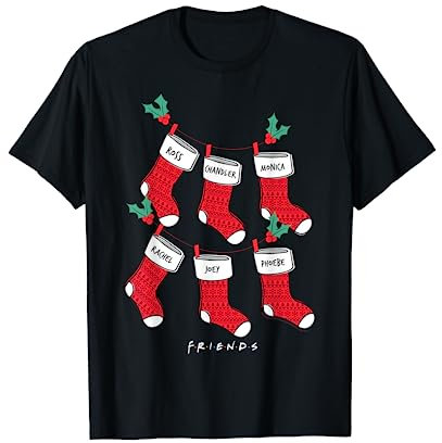 Friends Herren Christmas T-Shirt Schwarz S Klassisch Pull-On Kurzarm Baumwolle 100% Stretchable Weihnachtsstrumpf-Muster, dehnbar