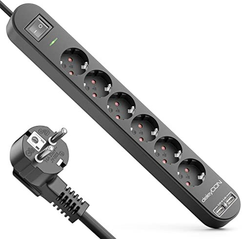 deleyCON 1,5m 6 Fach Steckdosenleiste mit USB Stromleiste 6X Schutzkontaktbuchsen 2X USB-A Ladebuchse für z.B. Handy & Tablet Überspannungsschutz EIN/AUS Schalter Schwarz