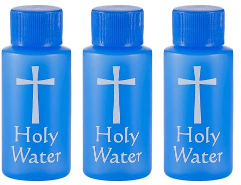 Small Holy Water Bottles with Screw Top Lid, Blue Refillable Plastic Container with White Cross, No Spill Lid, Catholic Church Supplies for Home, 1 Ounce, Pack of 3