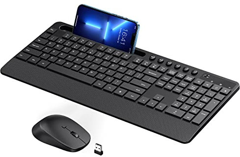 Wireless Keyboard and Mouse Set, 2.4GHz Lag-Free Ergonomic Keyboard Full-Size with Phone Holder &10 Independent Shortcuts,Silent Mouse with 3 DPI for Computer,Desktop,Laptop,QWERTY UK English Layout