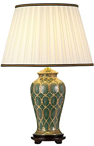 Licht-Erlebnisse Tischleuchte Keramik Stoff 68 cm Grün Gold Creme Klassisch E27 Tischlampe Wohnzimmer Nachttischlampe
