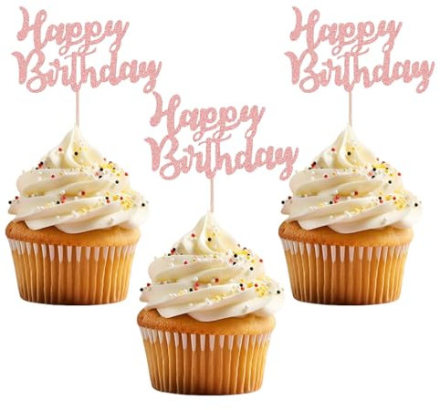 24 topper per cupcake con happy Birthday Probuk glitter topper per torta nuziale, topper per torta di compleanno. (oro rosa)