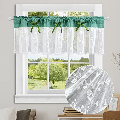 USbelff Weiß Volant Vorhang Bistrogardine Tüll Stangenvorhang Zeitgenössischer Einfarbige Kurzstore Gardine Café Küchenvorhang Dekor für Arbeitszimmer Schlafzimmer Küche Fenster 40cm x 150cm,Grün