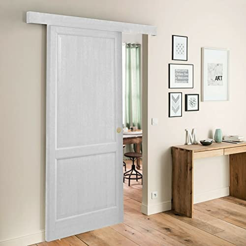 Porta scorrevole esterno muro con bugne completa di binario e mantovana con maniglietta (60x210 - Maniglietta Cromata, BIANCO)