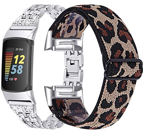 Gimuk Ersatzarmband kompatibel mit Fitbit Charge 5, Edelstahl mit Strass für Fitbit Charge 5, Silber, Roségold, Schwarz, Small/Large, Metall, Small/Large, Metall (Silber + Leopard)