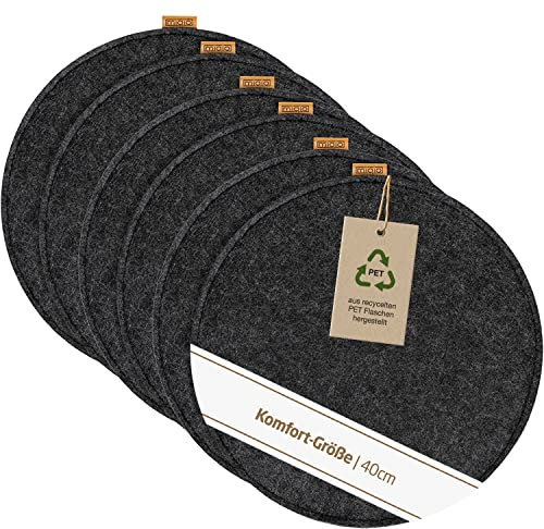 Miqio Design Filz Sitzkissen XL Rund mit Antirutschnoppen | 40cm | 6er-Set | Indoor und Outdoor | Nachhaltig aus recycelten PET Flaschen | Waschbare Stuhlkissen rutschfest | Dunkelgrau