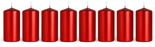 Pillar Candles Pack of 8 Unscented Red Metallic - 10 x 5 cm / 4 x 2 in - Long Burning Up to 20 Hours - Elegant Dripless Wax Candles for Weddings, Christmas, Parties, Events, Home, Table Decoration