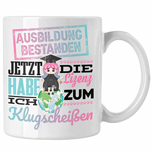 Trendation - Ausbildung Bestanden Stempel Geschenk Tasse Geschenkidee Bestandene Prüfung Abschluss 2023 Lizenz Zum Klugscheißen (Weiß)