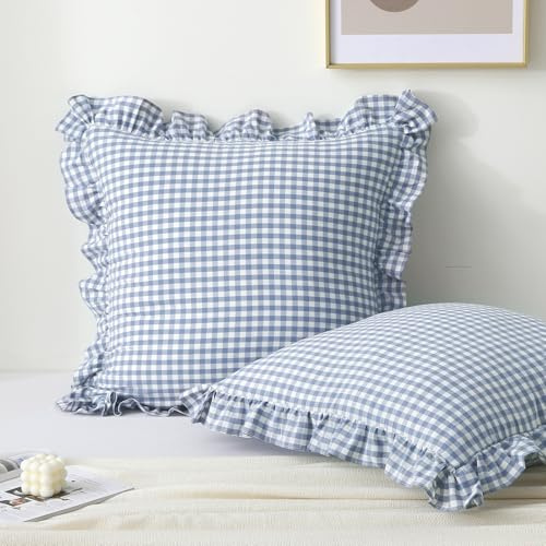 K MASANIJI 2 Stück blau-weiß Karierte Euro-Kissenbezüge, 66 x 66 cm, 100% Baumwolle, kariert, Büffel-Western-Landhaus-Stil, Bett-Kissenbezüge (66 x 66 cm, blau/weiß kariert)