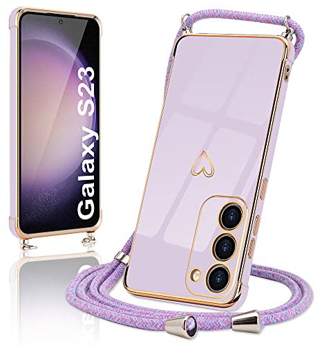 Micoden Handykette kompatibel mit Samsung Galaxy S23 5G hülle,Kameraschutz Herz Love Design Galvanik Ultra dünn TPU Silikon Bumper Case Kordel zum Umhängen Handyhülle mit Band Schutzhülle, Lila