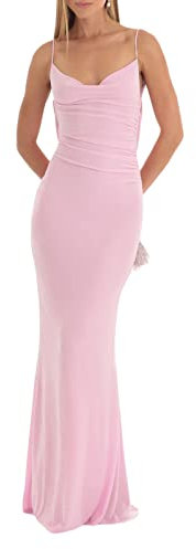 Geagodelia Robe Maxi-Longue à Bretelles Spaghetti Dos Nu Col V Robe Slim Moulante Chic Elégant (Rose, S)