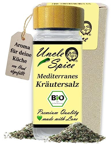 UNCLE SPICE® Mediterranes BIO Kräutersalz- 70g im Gewürzglas - Meersalz mit BIO Kräutern der Provence im Streuer - DE-ÖKO-005 - von Hand gemischt - Perfekt für Salate