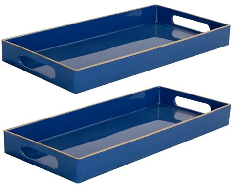 MAONAME Royal Blue Vanity Tray Set of 2, Plastic Decorative Tray with Handles, Long Narrow Trays, Rectangular Bathroom Trays for Toilet Tank, 13.8 X 6 X 1.57