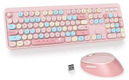 SOLIDEE Wireless Keyboard and Mouse Combo,Retro Typewriter Keyboard,2.4GHz Colorful Round Keycap Computer Keyboard with Number Pad,104 Keys Full Size Ergonomic Keyboard(US Layout QWERTY)(Mixed Pink)