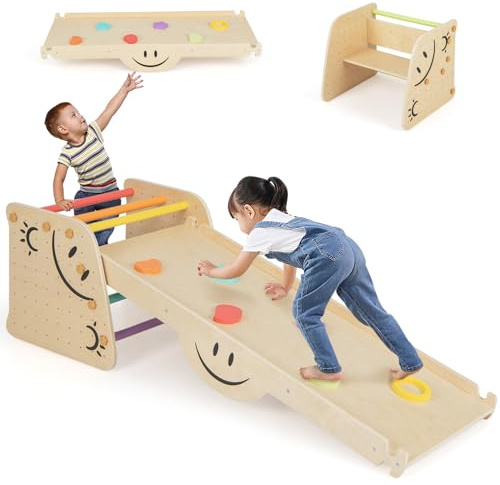 DREAMADE 6 in 1 Klettergerüst Indoor mit 2-seiteiger Rampe, Sprossendreieck Kletterspielzeug aus Holz, Kletterdreieck mit Rutsche zum Rutschen & Klettern & Wippe & Tritthocker für Kinder ab 3 Jahren
