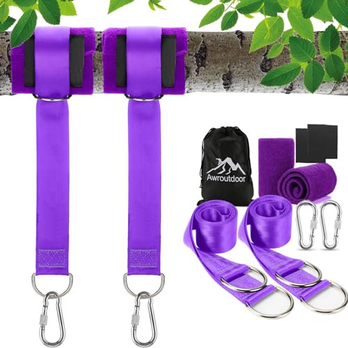 Awroutdoor Schaukel Befestigung, Hängematte Befestigung Befestigungsset Aufhängung Hängesessel Befestigung mit 2 Baumschutz Polster und 2 Premium Karabinern (Lila)