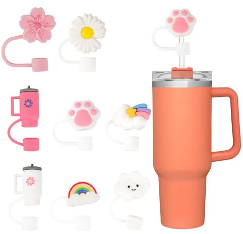 MYHOGOOD 8Pcs 10mm Straw Toppers for Stanley Cup, Cute Cartoon Shape Silicone Straw Cover, Reusable Leak-Proof Dust-Proof Drinking Straw Caps Lids Compatible for Stanley 30&40 Oz Tumbler