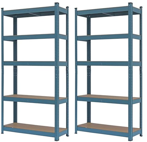 Brigros - Set Scaffali In Metallo 150x75x30cm Portata Totale 875 Kg, 5 Ripiani MDF, Carico Per Ripiano 175 Kg Scaffale Salvaspazio Per Garage, Officina, Cantina, Magazzino (Ceruleo)