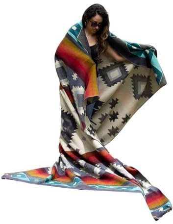 Tommy Lion Alpaka Wolldecke - Decke aus Alpaca und Merinowolle - Hypoallergen, weich, leicht, handgewebt 228cm x 203cm. Türkisfarbene Töne Natürliche Schwarz- und Weißtöne (Argyle)