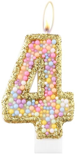Macaron 4th Birthday Candles,Gold Number 4 Candle for Cake, Color Pearl Candles, Macaron Themed Birthday Decorations, Sparkler Birthday Candle Cake Topper for Girls Boys Birthday Party Supplies