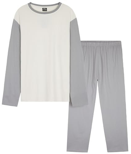 CityComfort Mens Long Pyjamas Set, Adults Teenagers Soft 2 Piece Loungewear Nightwear Cosy PJs - Gifts for Him (Grey/Cream, 3XL)