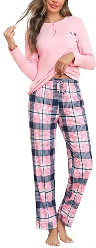 Aseniza Pigiami Invernali Donna Pigiama Cotone Donna Lungo Leggero Pigiama Caldo in Due Pezzi Top a Maniche Lunghe e Pantaloni Scozzesi con Tasche Laterali(1055-Rosa,L