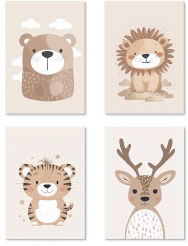 Herfair Bilder Kinderzimmer 4er Set Poster, Beige Dschungel Wilde Tiere Bilder, Wandbilder Bilder Leinwand Boho Babyzimmer Deko Wandposter für Kinder, Ohne Rahmen (30x40cm)