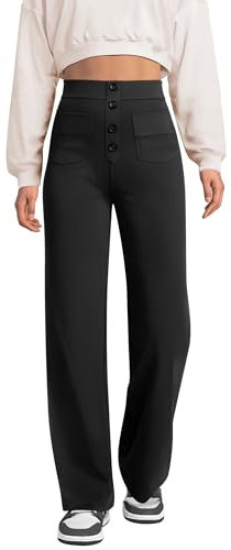 Glacspyg Weite Hose Damen Hohe Taille Sporthose Knopf Gerade Hosen mit Taschen Elastische Freizeithose Schwarz XS