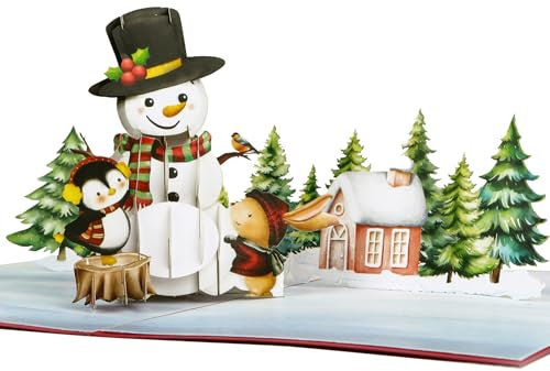 Pop Up Karte Weihnachten 3D Karte Merry Christmas Frohe Weihnachten Weihnachtskarte Geschenkkarte Geschenk Popup Klappkarte Weihnachtsgrußkarte (Rot - Schneemann mit Tiere)