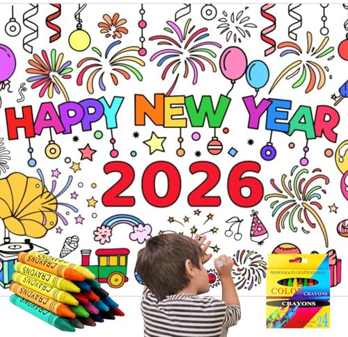 Silvesterdeko Ausmaltischdecke Kinder - Happy New Year 2026 Silvester Tischdecke, 183 X 76 cm, Wasserfeste Tischdecke zum Ausmalen Kinder mit 24 Farbstiftenfür Neujahrspartys, Tischdekorationen