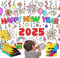Silvesterdeko Ausmaltischdecke Kinder - Happy New Year 2025 Silvester Tischdecke, 183 X 76 cm, Wasserfeste Tischdecke zum Ausmalen Kinder mit 24 Farbstiftenfür Neujahrspartys, Tischdekorationen