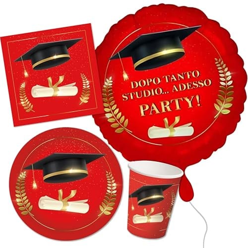 Decoraparty Kit Stoviglie di Laurea per 8 Persone, Addobbi da Tavola Decorazioni Monouso per Festa Tocco e Diploma Laureando Graduation, 8 Piatti, 8 Bicchieri, 20 Tovaglioli, 1 Palloncino (37 pz)