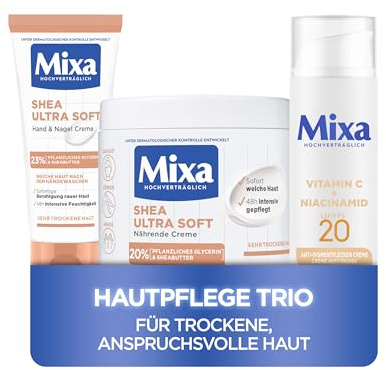 Mixa Hautpflege-Trio für trockene, anspruchsvolle Haut: Reichhaltige Shea-Bodycreme, feuchtigkeitsspendende Anti-Pigmentflecken-Gesichtscreme & schützende Handcreme mit Shea-Butter