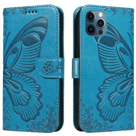 NEXCURIO Wallet Case for Apple iPhone 12 / iPhone 12 Pro Phone Case Butterfly with Card Holder Purse Stand Leather Folio Book Flip Case Folding Cover Shockproof Women - Blue