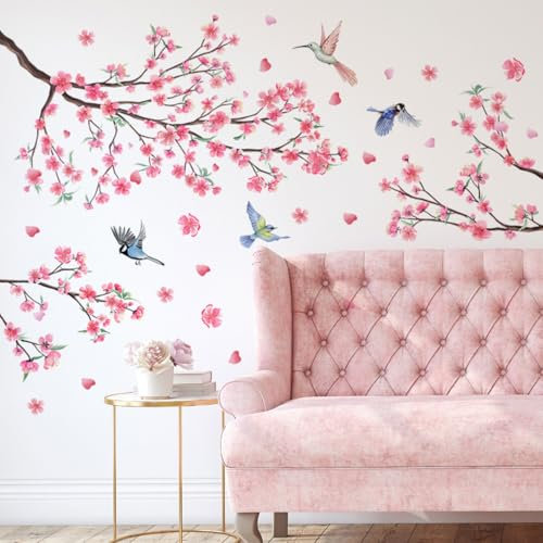 SanKristo Bird Cherry Blossom Wall Stickers, Pink Flower Birds Wallpaper Bedroom Living Room Sofa TV Background Wall Decor, Self Adhesive Pink Floral Wall Art Plant Wall Murals