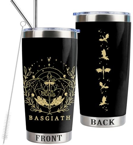 LLKJHGE Fourth Wing Edelstahlbecher mit Deckel und Strohhalm, Drachenreiter, inspiriertes Geschenk, The Empyrean Book-Serie, Geschenk für Fans (Black Basgiath)