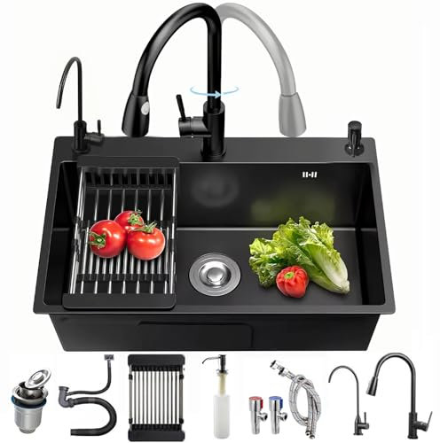 Fregadero de cocina de acero inoxidable, práctico fregadero negro, con juego de grifo, con lavavajillas de tazas, dispensador de jabón y desagüe (60 x 45 cm)