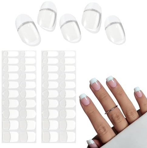 QGK 32 láminas autoadhesivas para uñas, pegatinas de gel UV para uñas, pegatinas clásicas francesas para esmalte de gel UV, para uñas de gel, envolturas para esmalte de uñas