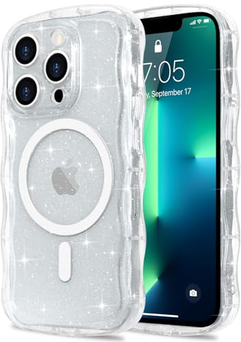 Pepmune for iPhone 13 Pro Max Case Clear Bling Compatible with Magsafe | Soft TPU Curly Wavy Frame & Hard PC Back,Sparkle Glitter Magnetic Cover,Slim Shockproof Wave Phone Case-Mag Clear