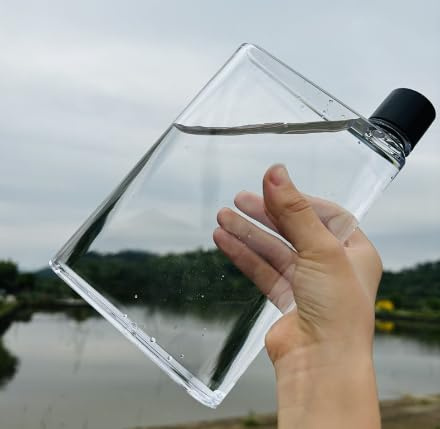WPKD BLUEIY Flache Wasserflasche,420ML Quadratische Transparente Trinkflasche,für Reisen,Picknick,Camping,Sport und Fitnessstudio(12x18x3cm)