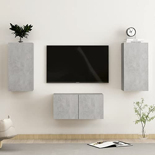 Wall Mounted TV Cabinet Set - Floating Entertainment Unit, Multimedia Storage Shelf, Concrete Grey Chipboard TV Stand, Modern TV Console for Living Room