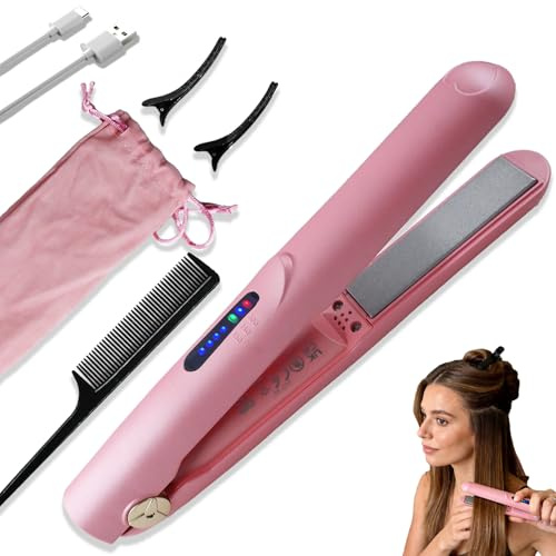 Mini Hair Straightener Rechargeable,2-in-1 Cordless Hair Straighteners and Curler,Mini Hair Straightener Wireless,Rechargeable Ceramic Mini Portable Curling Iron with 2600mA (Pink)