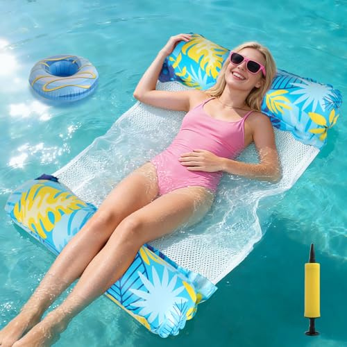 Luftmatratze Pool Zubehör Spaß, Aufblasbare Wasserhängematte mit Netz | 4 in 1 Luftmatratze Wasser Hängematte für Erwachsene mit Getränkehalter Luftpumpe,Wasserparty Strand Pool Hängematte