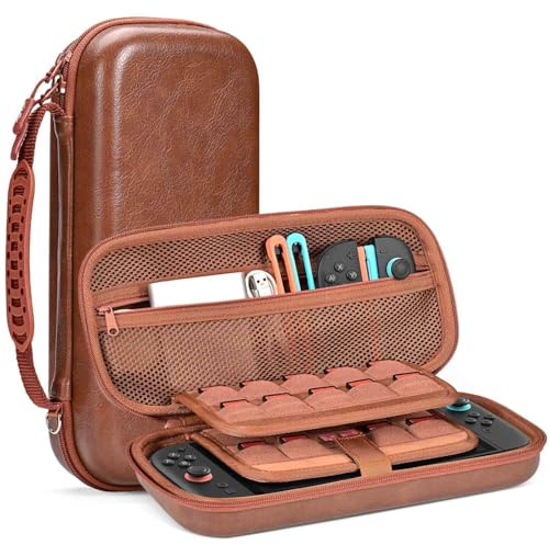 Younik Switch 2 Case, Hard EVA PU Leather Carrying Case for NS2 (Brown) | Built-in Tracker Slot, 19 Game Card & 2 SD Slots, Zipper Mesh Pocket, Travel Storage Bag with Carrying Str
