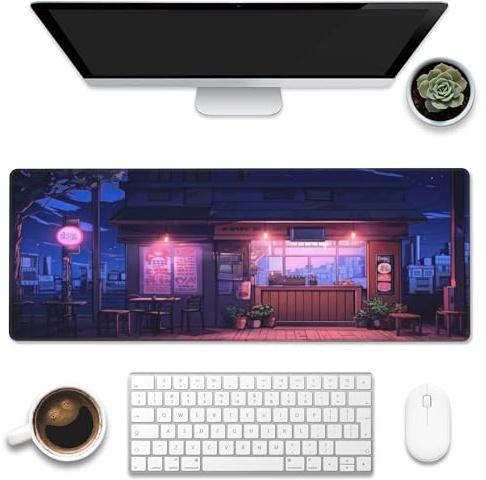 PENGYVV Gaming Mouse Pad 12x31.5in Black Cat Under Cherry Blossom Tree Japanese Scenery and Stitched Edge Extended Large Non-Slip Base Desk Pad Mat