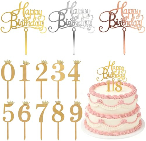Yxelydriail 13Pcs Gold Acrylic Cake Topper, 0-9 Numbers Acrylic Cake Toppers Happy Birthday Cakes Topper, Reusable for Birthday Wedding Party (Gold)