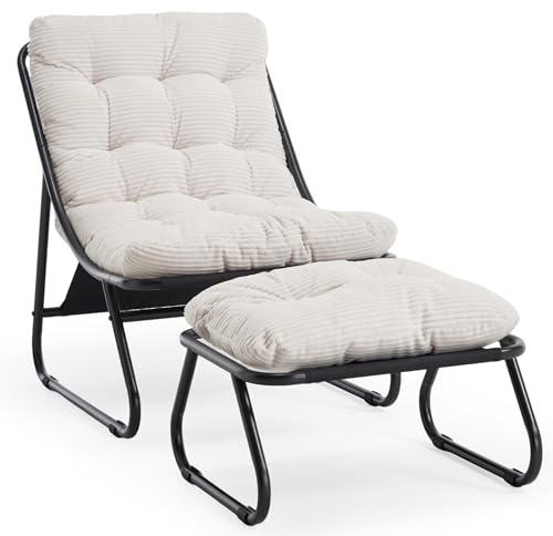 Loungesessel mit Ottoman, Liegestuhl & Relaxsessel aus Stahl, mit separatem Kissen und rutschfesten Fußpolstern – Outdoor Gartenstuhl für Entspannung im Freien, Garten & Balkon (Cremeweiß, Cord)