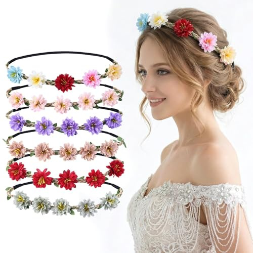 Blumenkranz Haare 6 Stück, Boho Blumen Stirnband Elastisch, Haarband mit Simulationsblumen, Haarschmuck für Hochzeit, Sommer, Strand, Blumenmädchen (B)